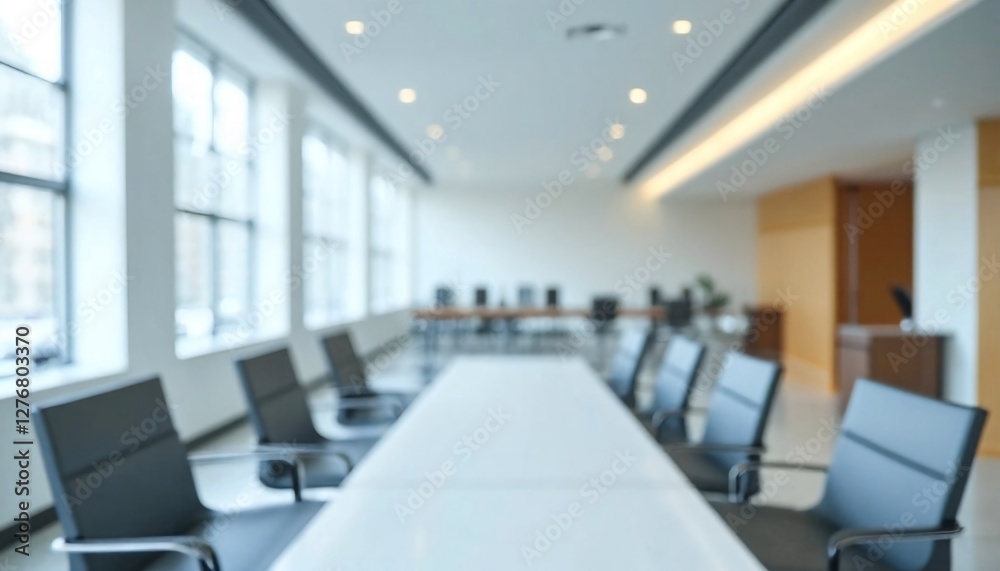The image shows an out of focus office space with empty chairs and desks. The image shows an out of focus office space with empty chairs and desks.