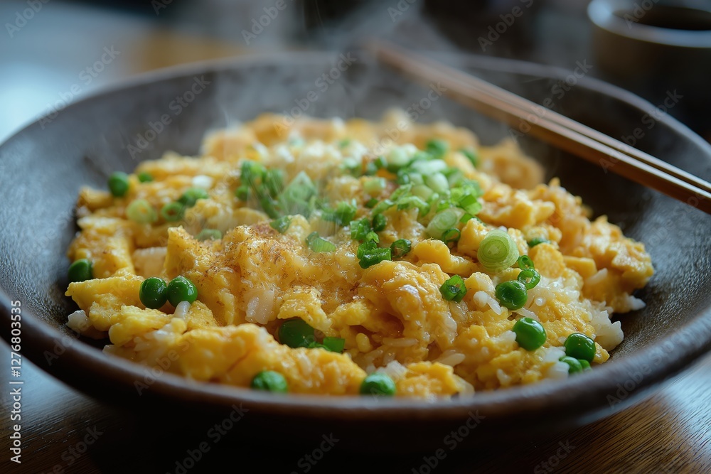 Golden egg fried rice with scrambled eggs, peas, and crispy garlic served with chopsticks Golden egg fried rice with scrambled eggs, peas, and crispy garlic served with chopsticks