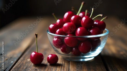 fresh red cherries in glass bowl on wooden table with dark background. summer fruit concept. vibrant color and freshness emphasize seasonal theme. food styling, menu design.
