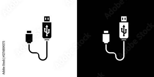 Plug USB cable icon set. vector illustrations in black and white flat solid style