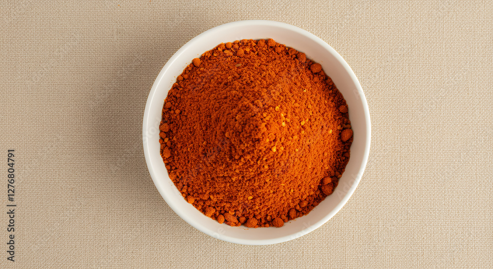 A photograph of a white bowl filled with 100% pure and organic chilli powder. A photograph of a white bowl filled with 100% pure and organic chilli powder.