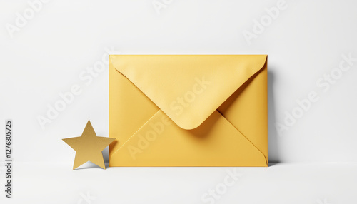 Gleaming golden envelope and star on white surface, symbolizing achievement