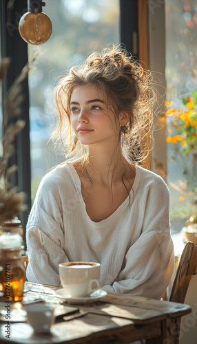 Beautiful woman having coffee and breakfast in a restaurant. Lazy morning scene