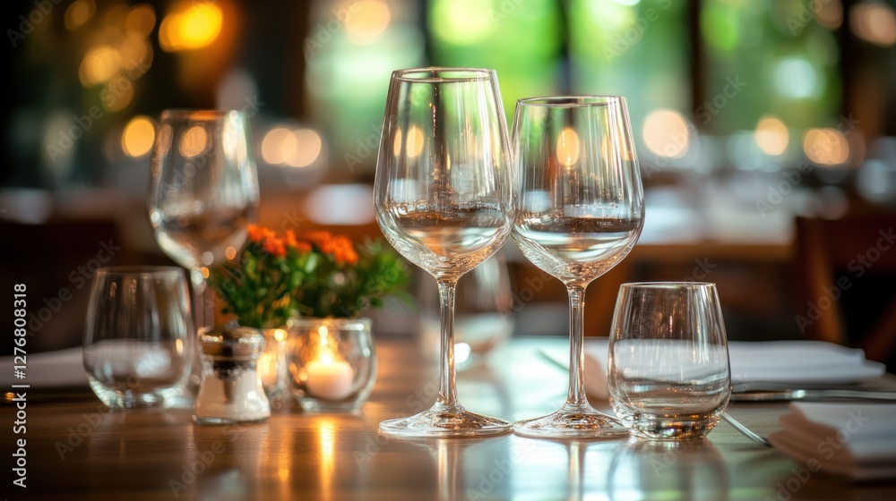 Elegant dining setup with glasses and soft lighting Elegant dining setup with glasses and soft lighting