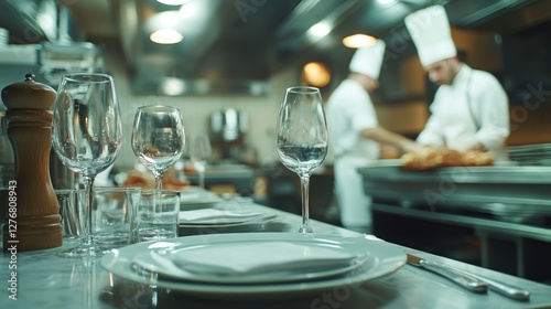 Chefs preparing gourmet dishes in a bustling kitchen photo