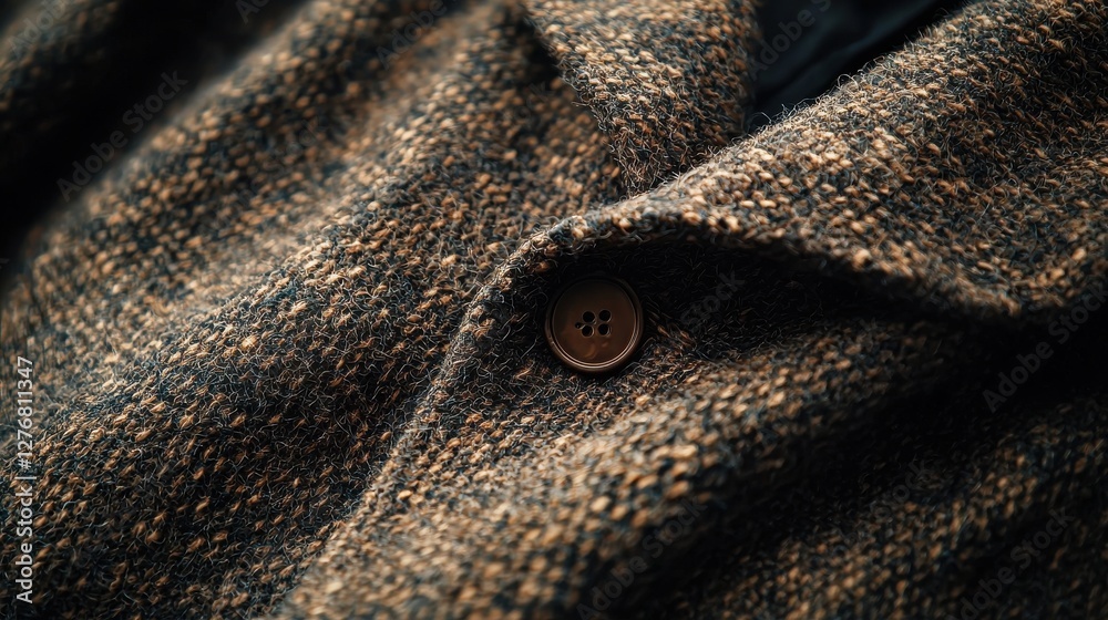 Close-Up of Textured Brown Fabric with Button Detail on Coat Close-Up of Textured Brown Fabric with Button Detail on Coat