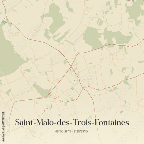 Vintage map of Saint-Malo-des-Trois-Fontaines, France.