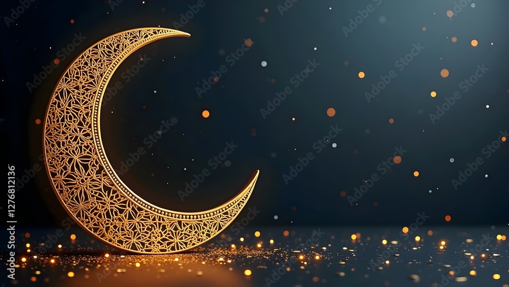 Fototapeta premium Beautifully Designed Ramadan Greeting Card with a Golden Crescent Moon