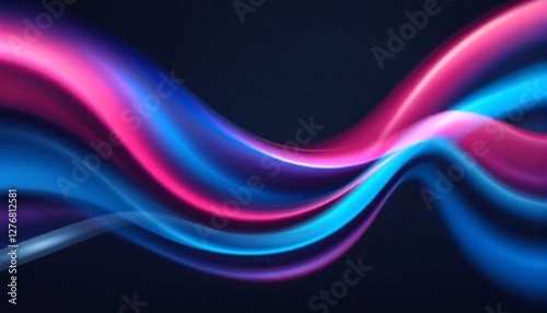 A vibrant abstract design featuring a wavy pink and blue line on a dark background.