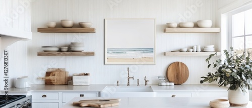 Wallpaper Mural Modern kitchen interior design with white cabinetry, shelving, and minimalist decor featuring a calming coastal artwork and natural elements. Torontodigital.ca