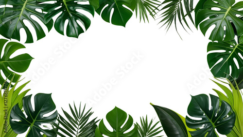 Tropical green leaves frame isolated on black background, monstera, palm, and philodendron foliage border for design, natural exotic jungle plant decoration