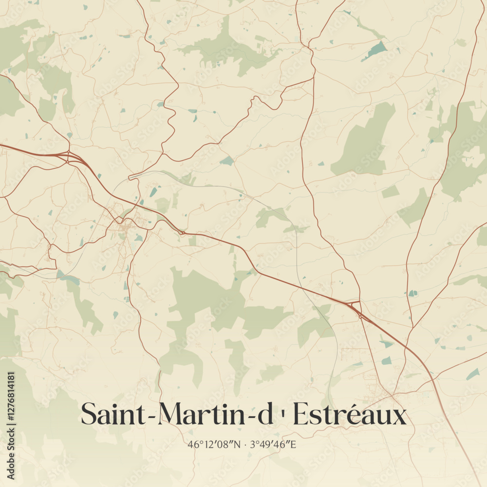 Fototapeta premium Vintage map of Saint-Martin-d'Estréaux, France.