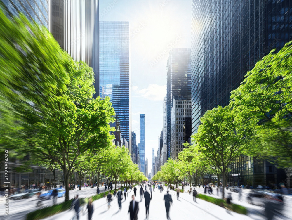 Obraz premium vibrant urban area with pedestrian friendly streets and lush greenery
