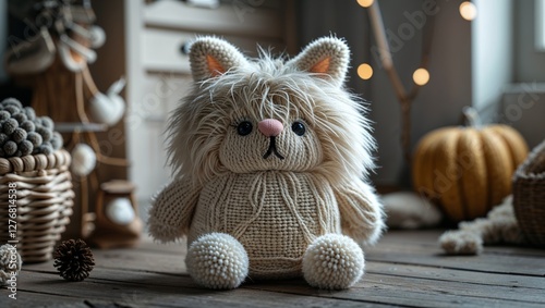 Stuffed Knitted Bunny Rabbit Toy Sitting on Wooden Floor in Cozy Rustic Interior photo