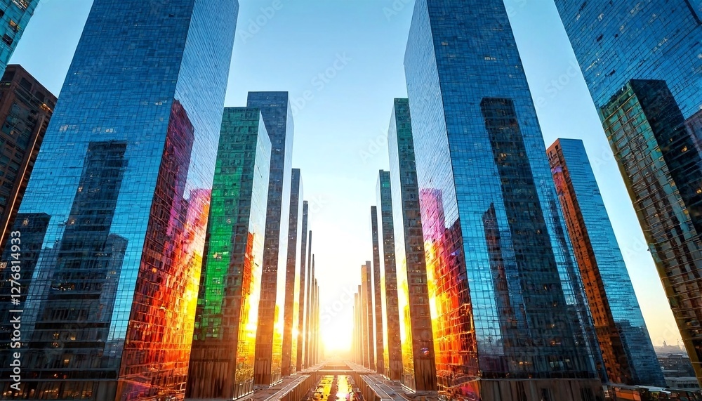 Obraz premium cityscape of modern skyscrapers and roads with cars in the distance at sunset.