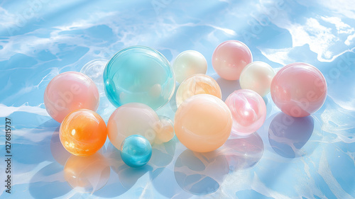 Translucent spheres in pastel colors on blue surface