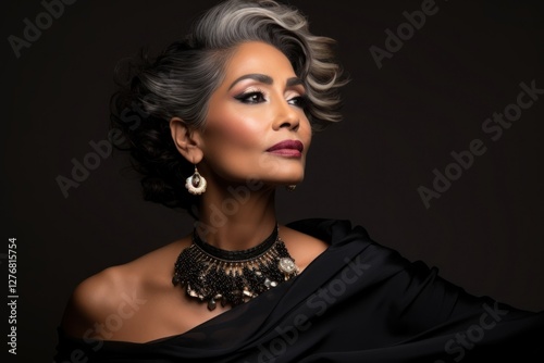 Middle aged multiracial woman wearing glamourous makeup necklace portrait jewelry.