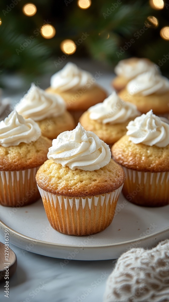 Freshly baked vanilla cupcakes with smooth buttercream frosting are placed on a ceramic plate. The warm holiday lights in the background enhance the festive mood. Freshly baked vanilla cupcakes with smooth buttercream frosting are placed on a ceramic plate. The warm holiday lights in the background enhance the festive mood.