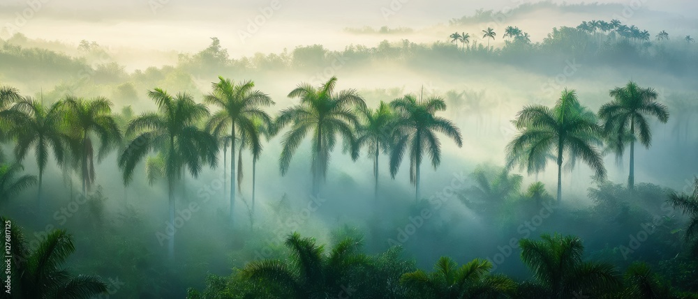 Fototapeta premium Palm trees in misty tropical landscape with fog, serene nature scene for travel, relaxation, and outdoor themes in lush green environment