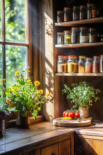 Rustic kitchen interior with shelves of spices, fresh vegetables, and flowers, showcasing natural light and homely decor for a warm cooking atmosphere.