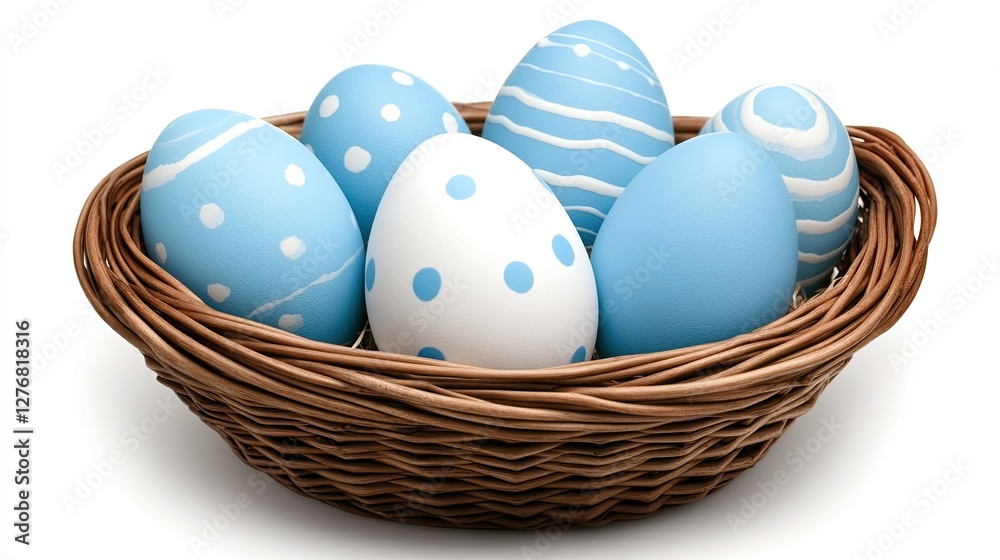 Brightly colored Easter eggs are carefully placed in a woven basket, creating a festive and cheerful display for spring festivities Brightly colored Easter eggs are carefully placed in a woven basket, creating a festive and cheerful display for spring festivities
