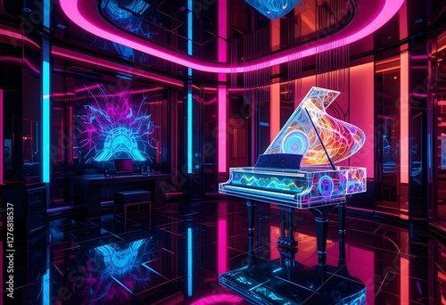 Futuristic Music Room, Illuminated Grand Piano, Neon, Abstract Decor