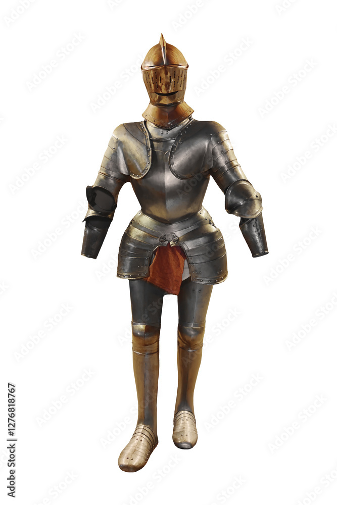 Medieval knight in full metal armor with helmet and protective suit showing historical combat gear and knightly equipment from ancient wars isolated on white background Medieval knight in full metal armor with helmet and protective suit showing historical combat gear and knightly equipment from ancient wars isolated on white background