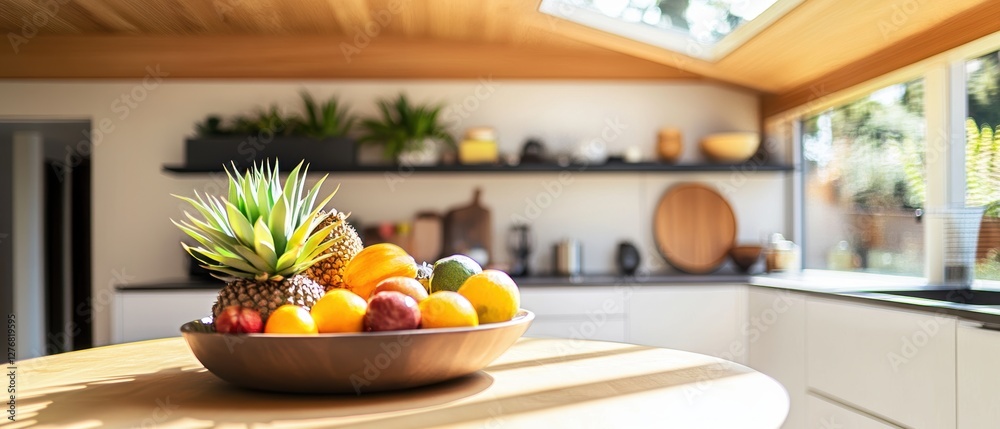 Stylish kitchen interior with fresh fruit bowl, modern decor, and natural light illuminating a cozy dining space for healthy living and vibrant meals. Stylish kitchen interior with fresh fruit bowl, modern decor, and natural light illuminating a cozy dining space for healthy living and vibrant meals.