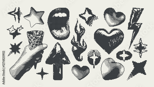 Grunge pixel sticker set. Retro futuristic graphic in a retro 8-bit game style. Heart, Stars, Scream, Fire, Arrow, Lightning. Collage for t-shirt print, poster, package, invitations.