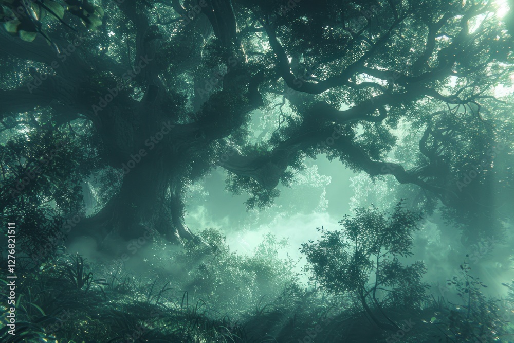 Fototapeta premium Swirling mist envelops ancient trees, creating an eerie atmosphere with deep shadows and soft, diffused lighting