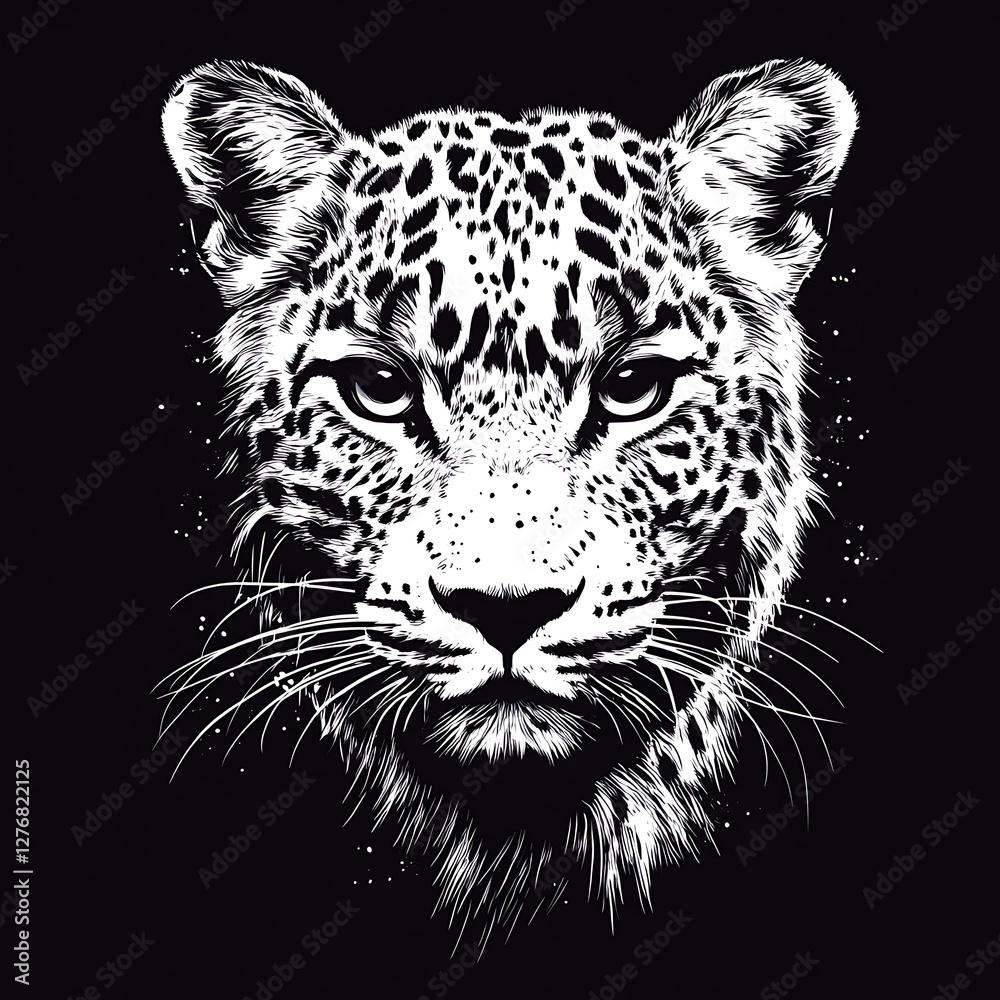 Fototapeta premium Leopard head graphic art, black and white, intense gaze