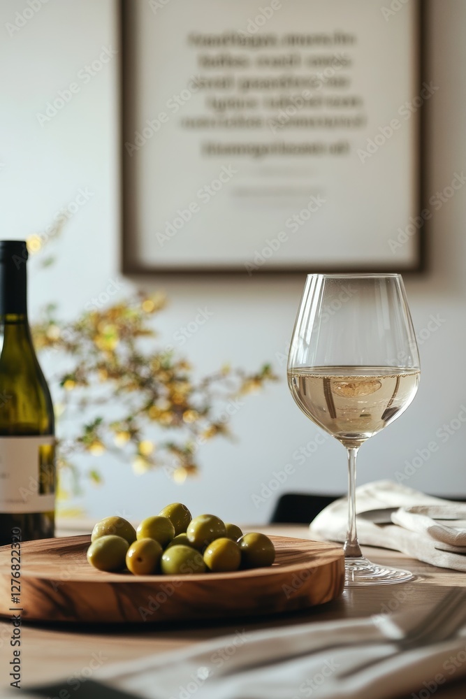 Obraz premium White Wine Glass with Olives on Wooden Table, Modern Dining Decor, Wine Tasting Experience, Entertaining Ideas, Casual Dining Setup