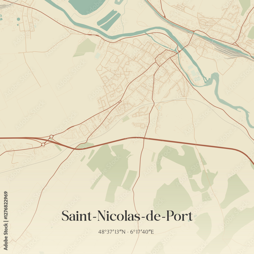 Fototapeta premium Vintage map of Saint-Nicolas-de-Port, France.