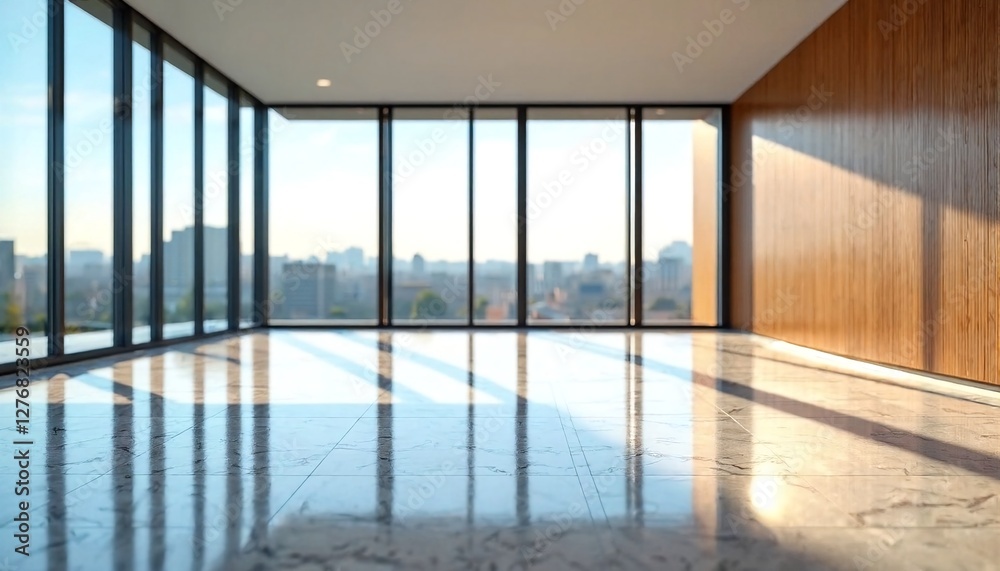 Fototapeta premium Empty and spacious room with large windows overlooking city skyline.