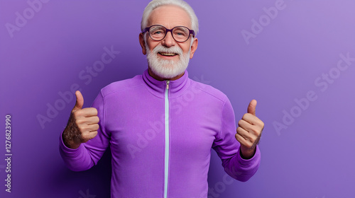 Elderly man dressed in bright purple sportswear isolated on solid background, active lifestyle, shows sign and direction with hands, engaging in a dynamic activity
