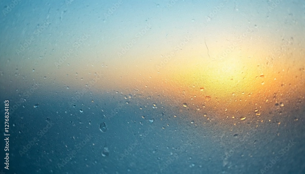 Fototapeta premium The sun is setting behind a layer of raindrops on a window.