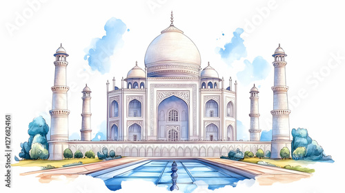 Taj Mahal India watercolor painting, travel destination
