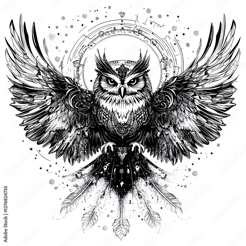 Obraz premium Owl in flight, abstract art design, for apparel or decor