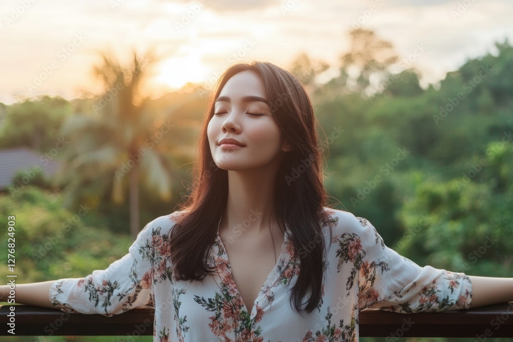Fototapeta premium portrait of young woman standing on balcony arms outstretched embracing fresh morning air