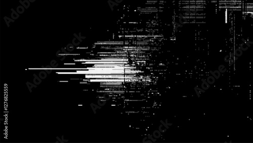 8-bit pixel art black background with pixelated white lines, digital glitch. glitchy white lines. lines of data. digital noise. vector graphics.