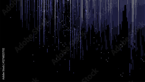 Pixel art depicting vertical rain falling on a black background. a glitch effect for a retro gaming look. low resolution. vertical lines. vector graphics.