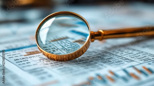 Close-up of a magnifying glass over financial documents with graphs and data analysis in view