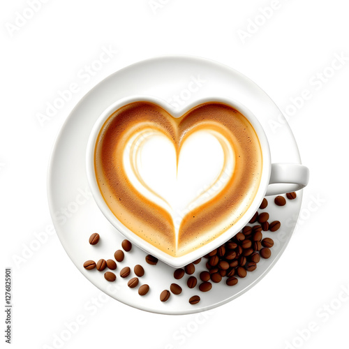 Cup of coffee latte with heart shape isolated on white or transparent background. Cut out png