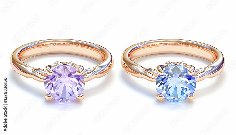 Two gemstone rings, rose gold setting, white background, jewelry advertising Two gemstone rings, rose gold setting, white background, jewelry advertising