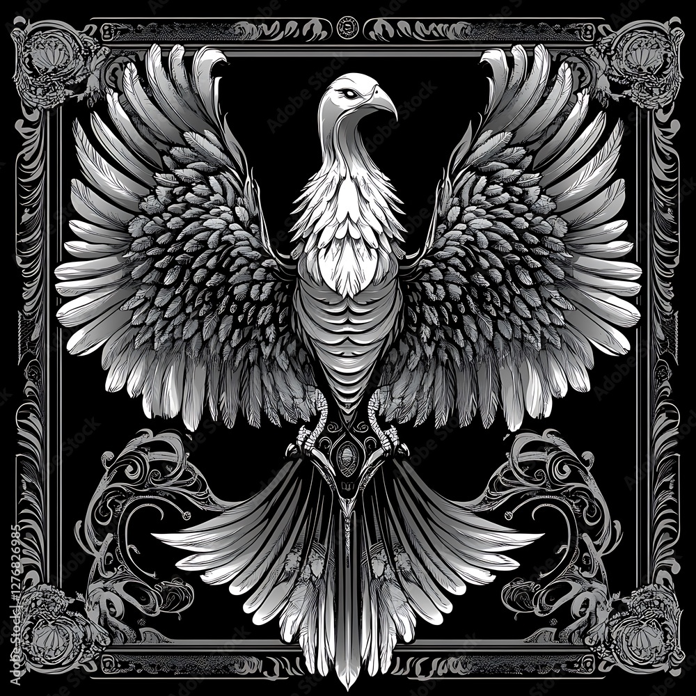 Obraz premium Stylized eagle graphic design, ornate frame, black background