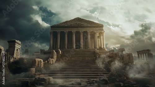 Stunning imagery of an ancient roman temple with intricate columns and dramatic sky backdrop photo