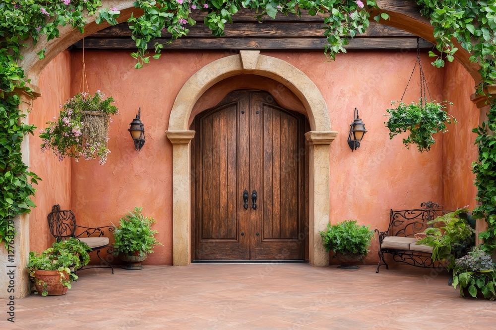 Fototapeta premium Elegant Mediterranean Courtyard with Warm Hued Walls and Greenery