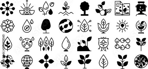 Plant sprout line icons, soil with seed, sprig and green leaves, agriculture, horticulture and agronomy. Plant and tree growing vector outline signs of garden soil, sprouts, seedlings and saplings