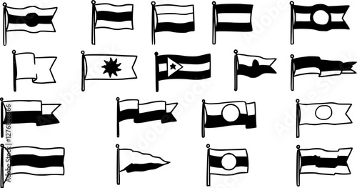 Retro pennant white and black flags, banner pendants on flagpoles, vector icons. Sport camp or university and varsity club pennants, blank waving flag on poles, linear outline signs