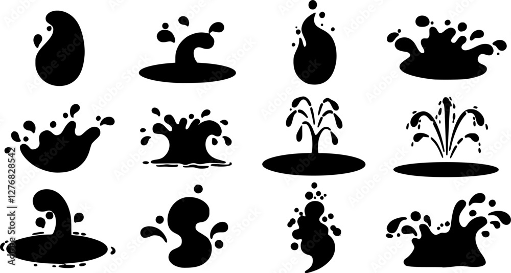 Cartoon water splash effects depict fluid dynamic splashing, droplets and ripples in motion. Isolated vector set of liquid splatters, aqua or water splashes and swirls for animation and visual effects Cartoon water splash effects depict fluid dynamic splashing, droplets and ripples in motion. Isolated vector set of liquid splatters, aqua or water splashes and swirls for animation and visual effects
